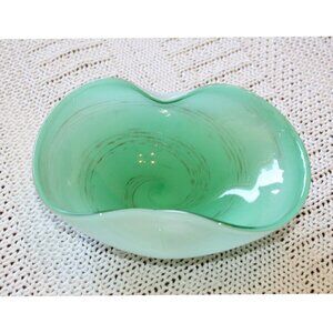 Murano Art Glass Bowl aquamarine green Swirl Golden sparks asymmetrical Ashtray